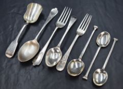 A late Victorian silver christening set, comprising a spoon and fork with decorative engraving