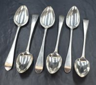 A group of three George III silver Old English pattern spoons, having 'B' initial to terminal, marks