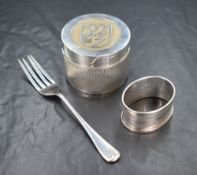 An Elizabeth II Longdale Estate silver trinket box, of circular form having a monogram design to the