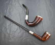 Two early 20th century silver mounted wooden tobacco smoking pipes, marks for Dublin and Chester,