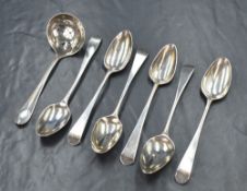 A pair of George III silver Old English pattern teaspoons, having 'TH' monogram to the terminals,