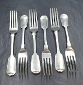 A set of six Victorian silver fiddle pattern forks, having 'C' initial to terminals, marks for