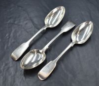 A group of three Victorian silver fiddle pattern spoons, having 'W' initial to the terminal, marks