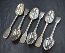 A set of six Victorian silver fiddle pattern teaspoons, having 'H' monogram to terminal, marks for