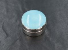 A George V silver and blue guilloche enamel pill box, of circular form having guilloche enamel to