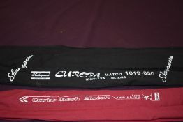 Three fishing rods A DAM 3pc Carbo Mesh Match 3.9m, a Shakespeare Europa 3pc 3.3m and a John