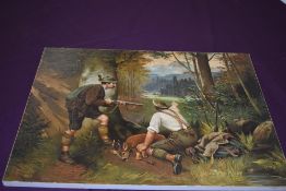 A printed German hunting scene on block board measuring 49cm x 36.5cm