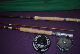 Two fly fishing rods and two fly reels A Bruce and Walker 3pc 11ft 3in carbon #4-6 and an Allcocks