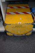 A large vintage yellow box, having leather handle and brass corners, printed factory mark 'Monitor