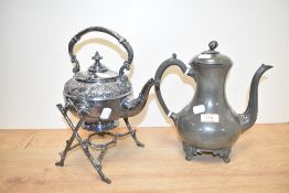 A silver plated spirit kettle on stand (lacking burner) sold together with Sheffield Britannia metal