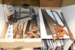 A box containing various early 20th century carpentry tools, to include a large E.E.Jackson