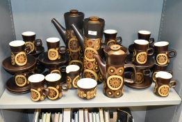 A large Denby Arabesque pattern coffee service, comprising of three large tea pots, espresso cups/