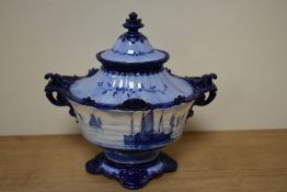 A Royal Crown Derby lidded Jardiniere, hand painted in light and dark cobalt blue colours, depicting