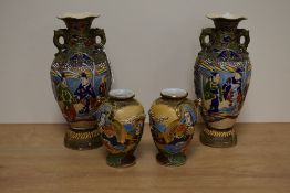 A nice pair of early 20th century Japanese Satsuma Moriage vases, h24cm, sold together with