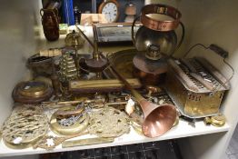 A selection of brass and copper ware, to include a copper hunting trumpet, a Robert Jones style