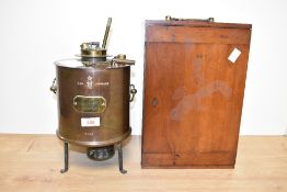 An early 20th century copper and brass flash point tester, plaque to front reading 'Townson &