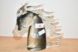 A heavy vintage clear and turned glass sculpture of a horse's head, h18cm.