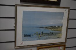 After Philippe Dubois Gouache (1926) coloured print, Fishing on Foot, framed and glazed, 52cm x