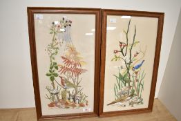 A pair of vintage country embroidery panels, depicting a robin, sparrow and eurasian blue tit within
