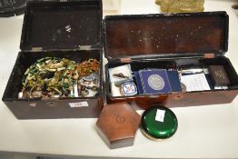 Two painted wooden jewellery boxes, containing a collection of costume jewellery, including