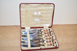 A cased set of 6 Royal Crown Derby knives, decorated in the old Imari pattern, L18cm. Condition