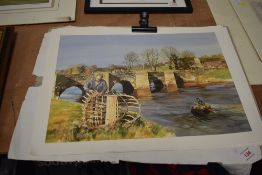 After Edwin Straker (British) watercolour print, Bridge Landscape, 44cm x 33cm, sold alongside other