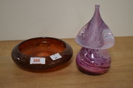 A vintage Strathern art glass dish, having a fiery red swirl colour, impressed leaping salmon to