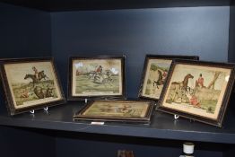 A set of 5 vintage equestrian framed prints, depicting characterful fox hunting scenes, h18cm x