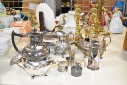 A selection of brass, E.S.P.N and pewter, to include candle holders, tea pot, napkin ring ect, (