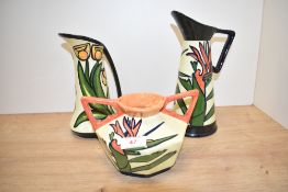 Two vintage Crown Devon pottery vases, beautifully hand painted in bright orange, yellow and green