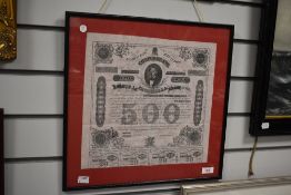 A 1868 $500 Five-Hundred Dollar Confederate States of America CSA Bond with (4) uncut $20 coupons,