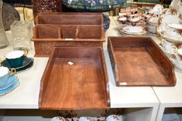 A mid-century solid sheesham wood letter rack, the front hand carved with foliage, w36cm, sold