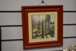 A 20th century watercolour of a woodland forest the morning sun shinning through the tree's ,