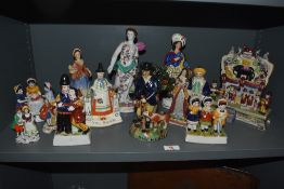 A group of Staffordshire style figures, comprising of 'The Hunter', 'The Welsh Hattraction', 'The
