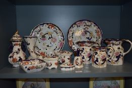 A Mason's ironstone Mandalay pattern part dinner service, printed and hand painted with gold, blue