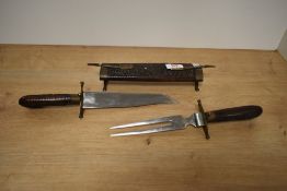 A mid-century Knife and fork carving sheath, set in a wooden and brass case, possibly Indian
