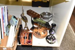 A mixed lot containing a pair of mid-century heron figures, largest h20cm, a carved wooden lidded