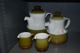 A large vintage Denby Rochester tea pot, coloured in tones of green and brown on a glaze ground,