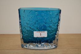 A 1960s Whitefriars bow-fronted textured glass nailhead vase in Kingfisher blue, pattern 9685, h11cm