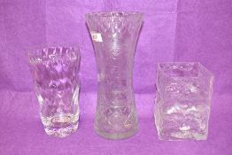 An unusual cut and engraved crystal vase, etched depicting a Chinese landscape, h25cm, sold together