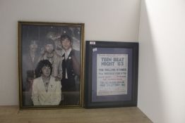 A lot of two framed pictures with a Beatles photo 53 x 39 cm and a small repro of a Teen Beat