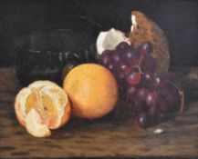 A 19th century school oil on canvas, still life study, oranges, grapes, coconut aside a green