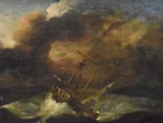 A 19th century English school oil on oak panel, masted ship in distress on stormy seas, unsigned,