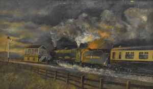 W Southworth (British 20th Century) oil on board 'Castle in the Dawn', railway scene, signed in