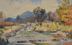 T Leslie Hawkes (20th century) 20th century English watercolour, pleasing river scene, in double