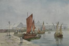 Artist unknown, 20th century English school watercolour, harbour scene within peach card mount, gilt