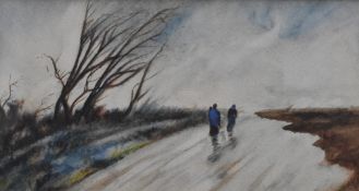 Artist unknown, a late 19th/early 20th century watercolour, figures in a windswept landscape,