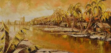 Artist unknown, 20th Century expressive landscape painting, an eastern scene, with palm trees and