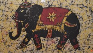 Two decorative Indonesian Batiks, depicting a female fruit gatherer, with basket balanced upon her