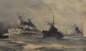 After Montague Dawson (British 1890-1973) colour print 'The Sinking of the Blucher', within an off